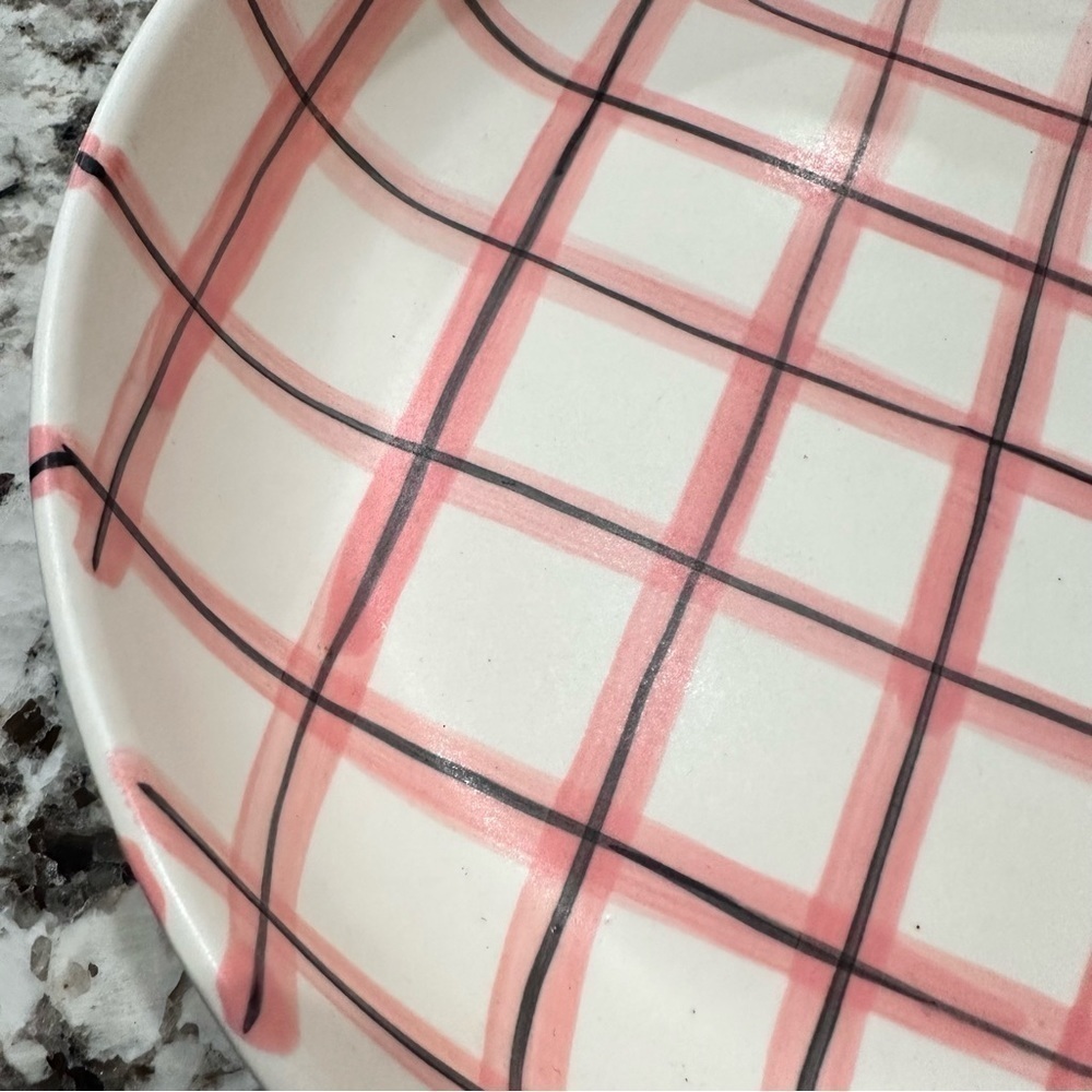Urban Outfitters Home Jolie 10” plate platter bowl white black pink plaid linear